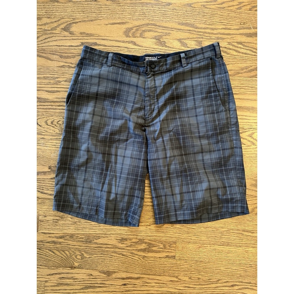 Nike Golf Tour Performance Dri Fit Shorts Mens Plaid Black Gray Stretch‎ size 36